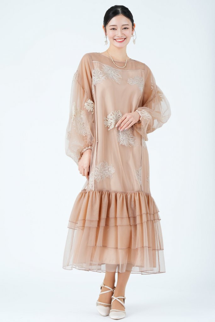 Dorry Doll 花刺繍バルーンスリーブオレンジドレス