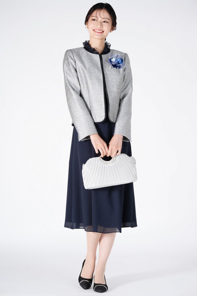 RIFANNE 東京ソワール 光沢グレージャケット×ネイビードレスセット