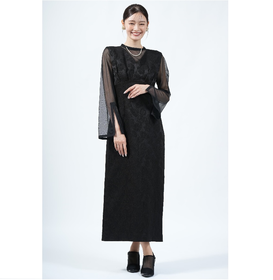 リーフ柄ジャガードジャンスカブラックドレス