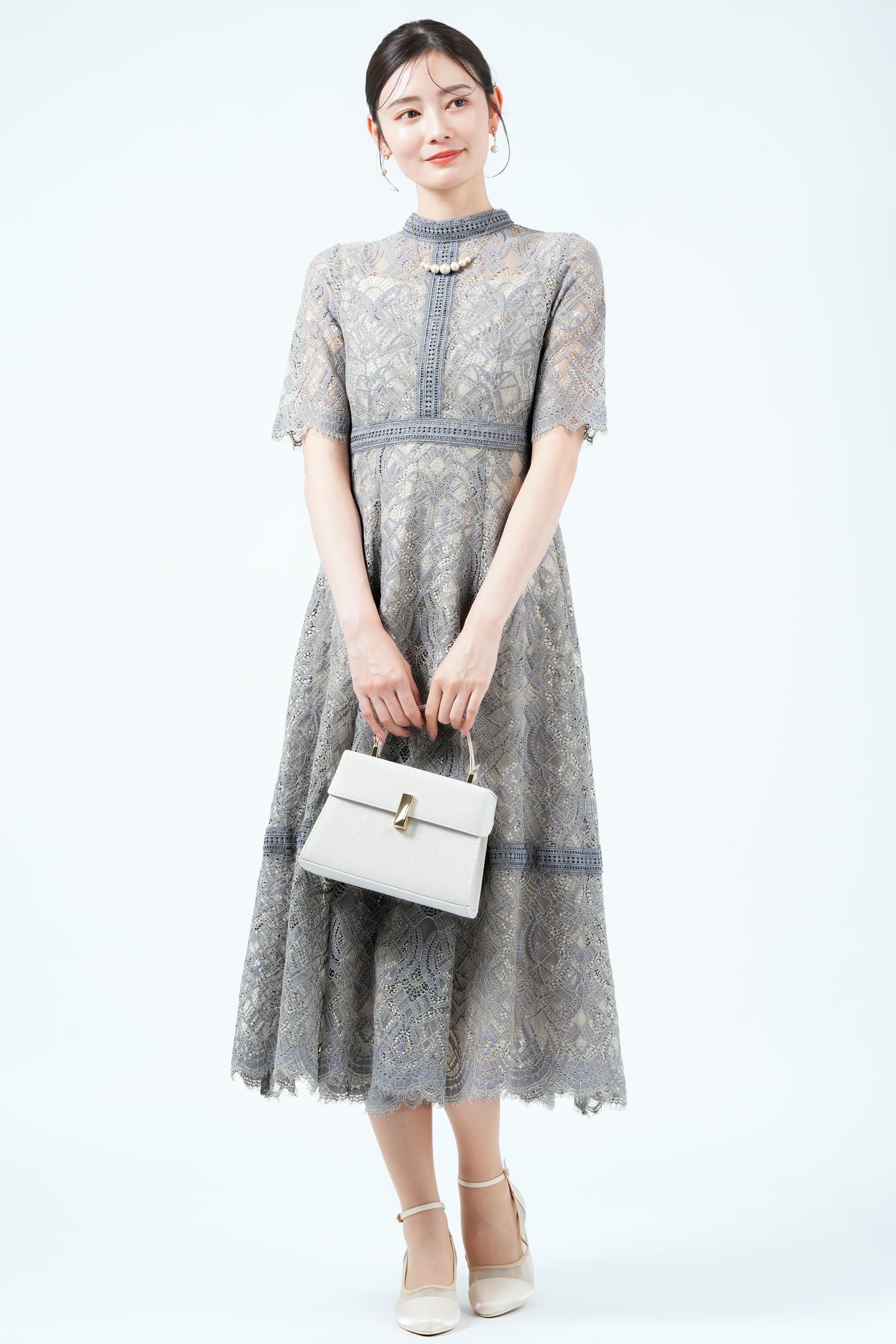 Dorry Dollハシゴレース切り替えグレイッシュブルードレス