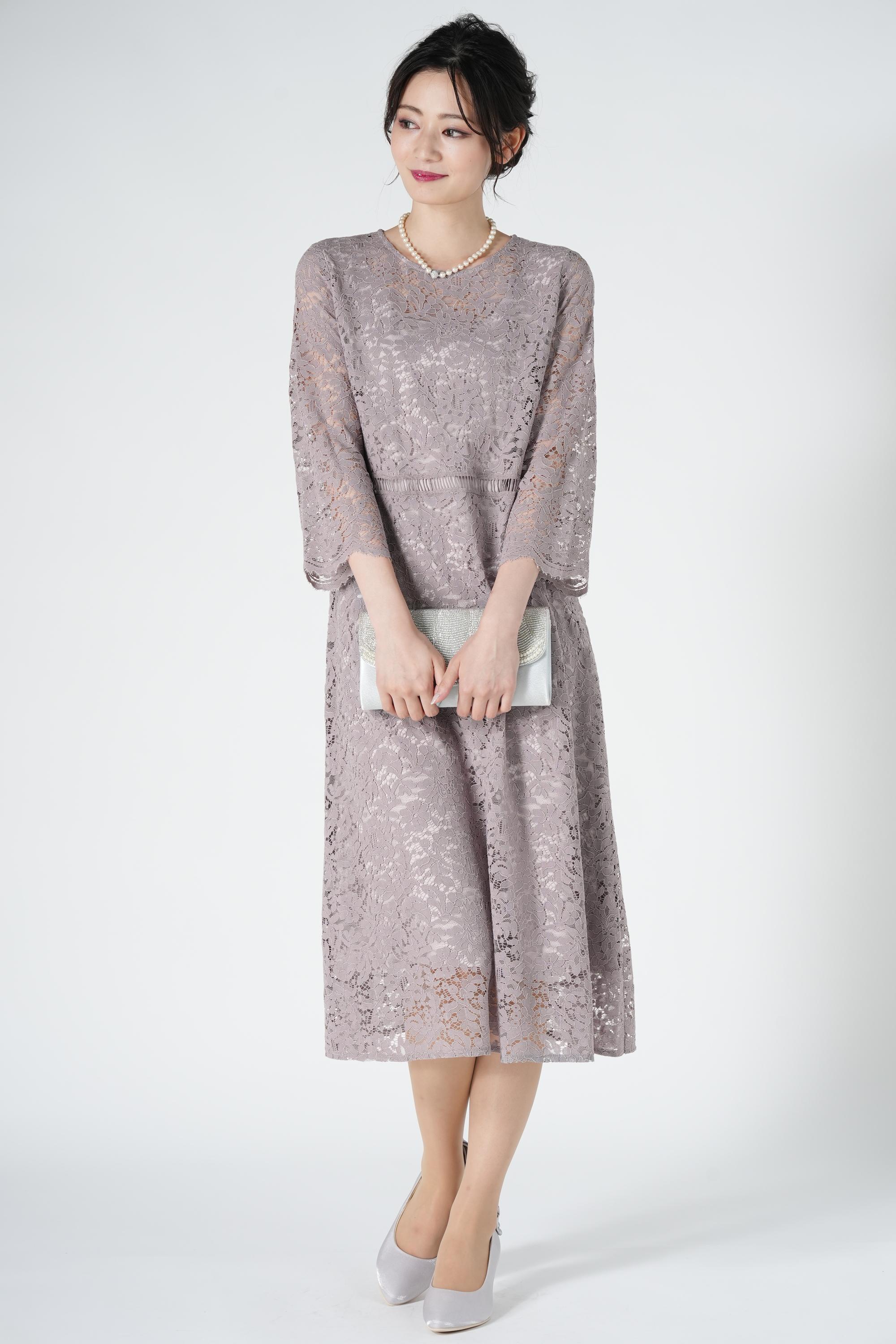 anySiSスカラップ袖くすみピンクドレス