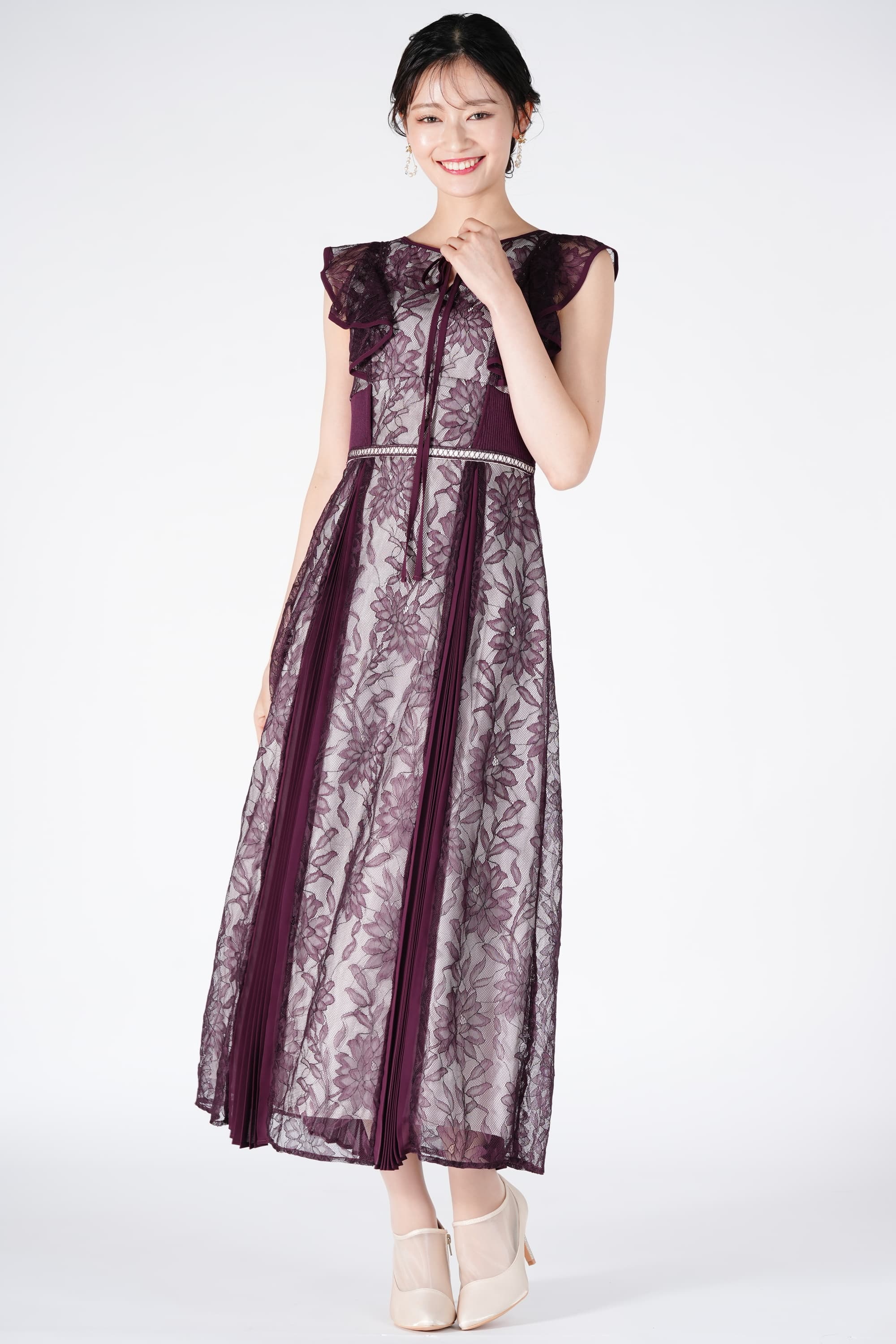 MERCURYDUOラッフル袖フラワーレースボルドードレス