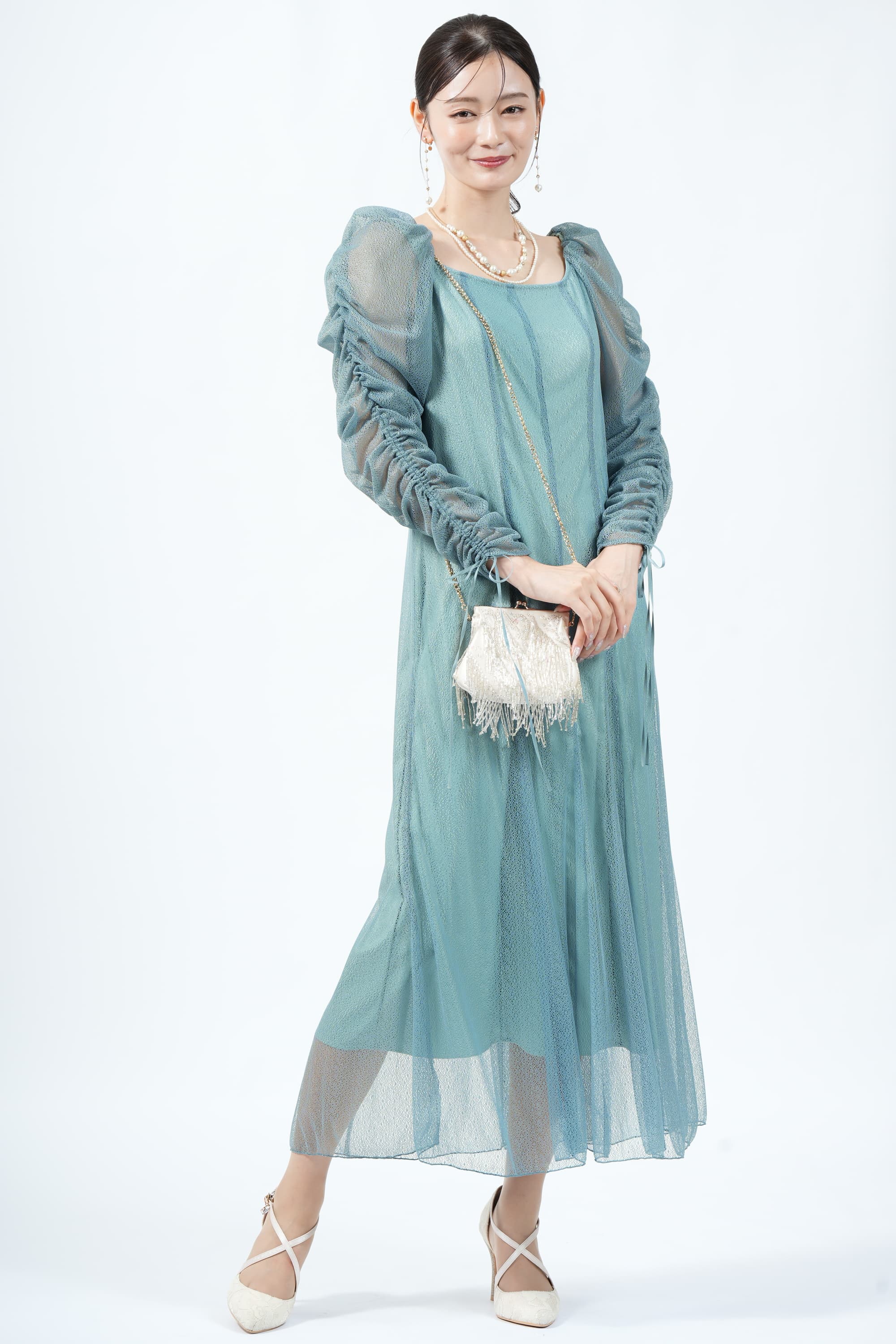 JILLSTUARTバックリボン繊細チュールブルーグリーンドレス