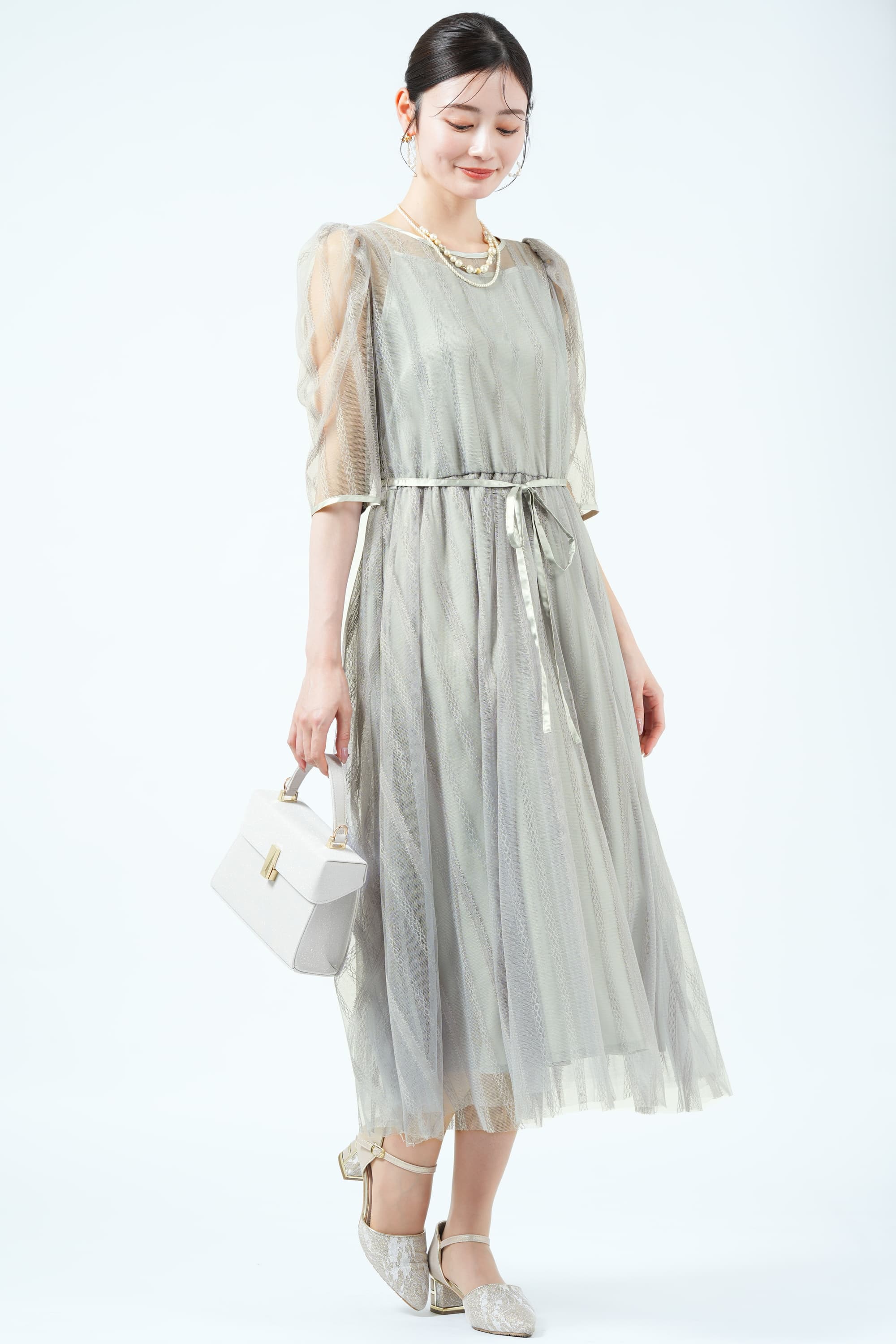 LAISSE PASSEストライプ柄総レースくすみグリーンドレス