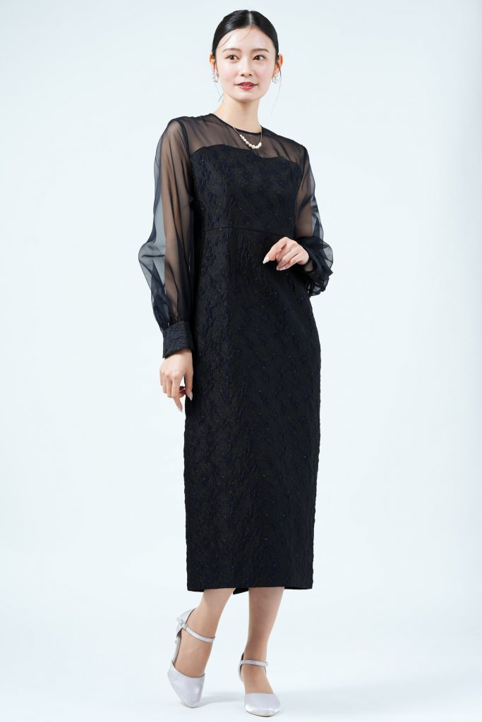 UNITED ARROWS バルーン袖ジャガード濃紺ドレス