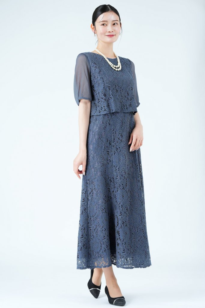 COCCOLUSSI 東京ソワール シアー袖マーメイドラインネイビードレス