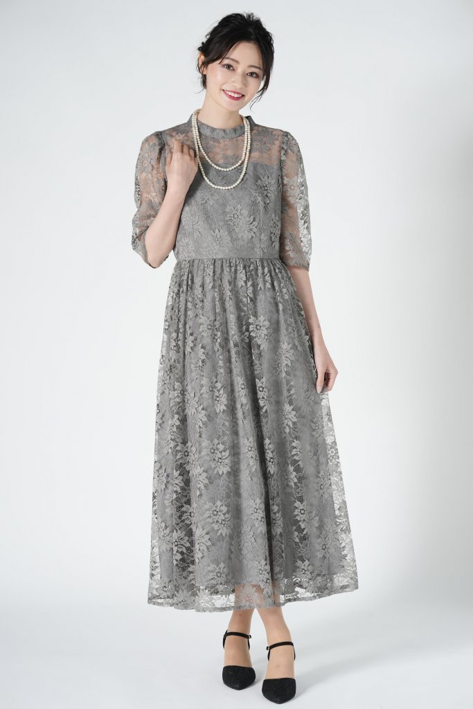  AIMER ニュアンスグレー花刺繍レースドレス