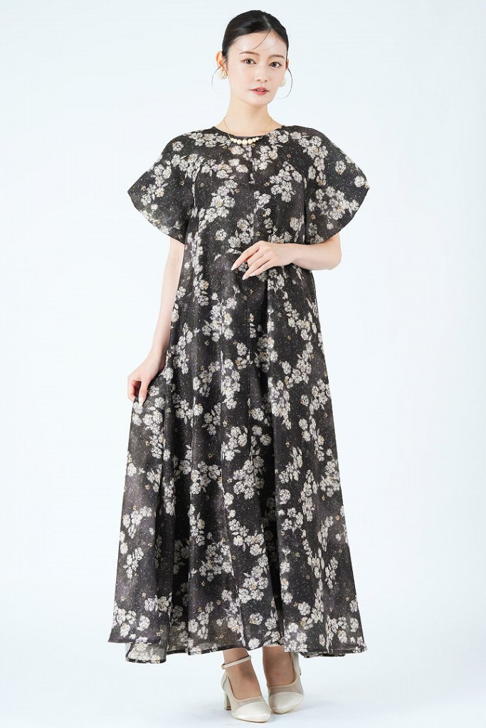 Ameri VINTAGE クラフト調フラワーブラックドレス