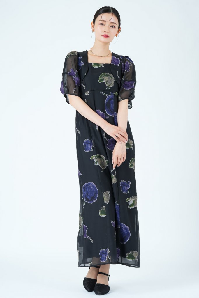 Ameri VINTAGE オパール薔薇モチーフブラックドレス