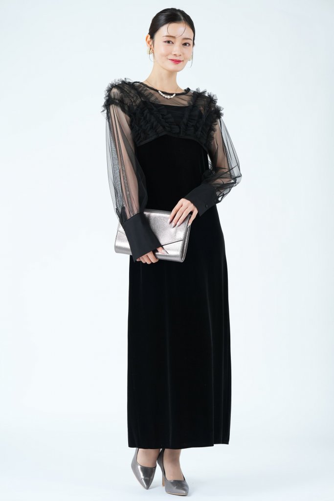  CAPRICIEUX LE’MAGE エアリーチュール×ベロアブラックドレス