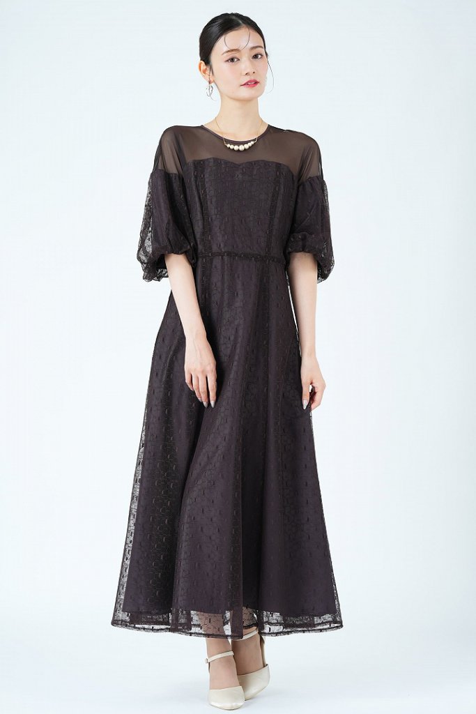 URBAN RESEARCH ROSSO 幾何学レース×パフスリーブブラウンドレス