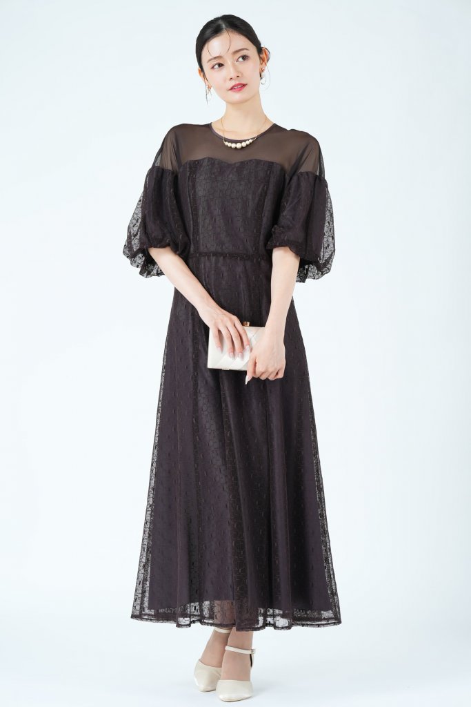 URBAN RESEARCH ROSSO 幾何学レース×パフスリーブブラウンドレス