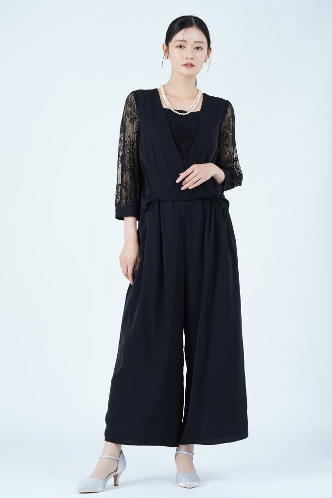 DELLISE NOIR カシュクールレース袖ネイビーパンツドレス