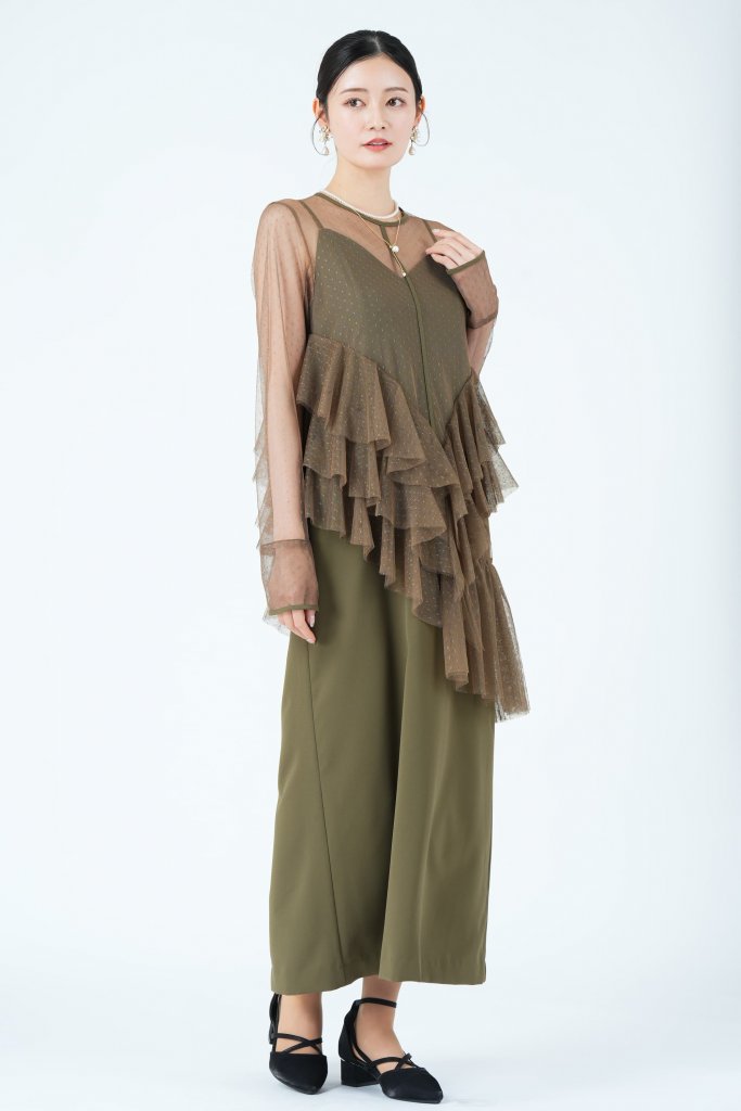 Ameri VINTAGE アシンメトリーフリルシアーカーキドレス