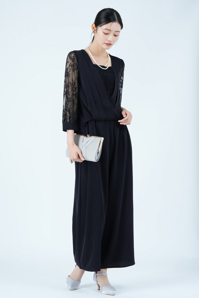 DELLISE NOIR カシュクールレース袖ネイビーパンツドレス