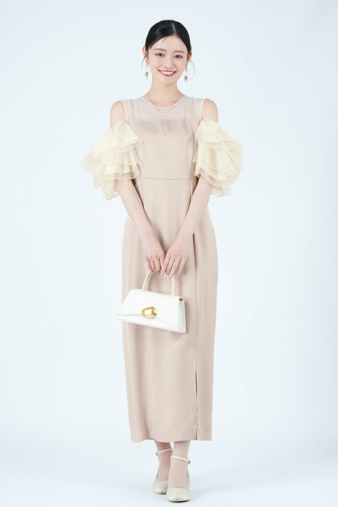FRAY I.D ボリュームラッフルスリーブピンクベージュドレス