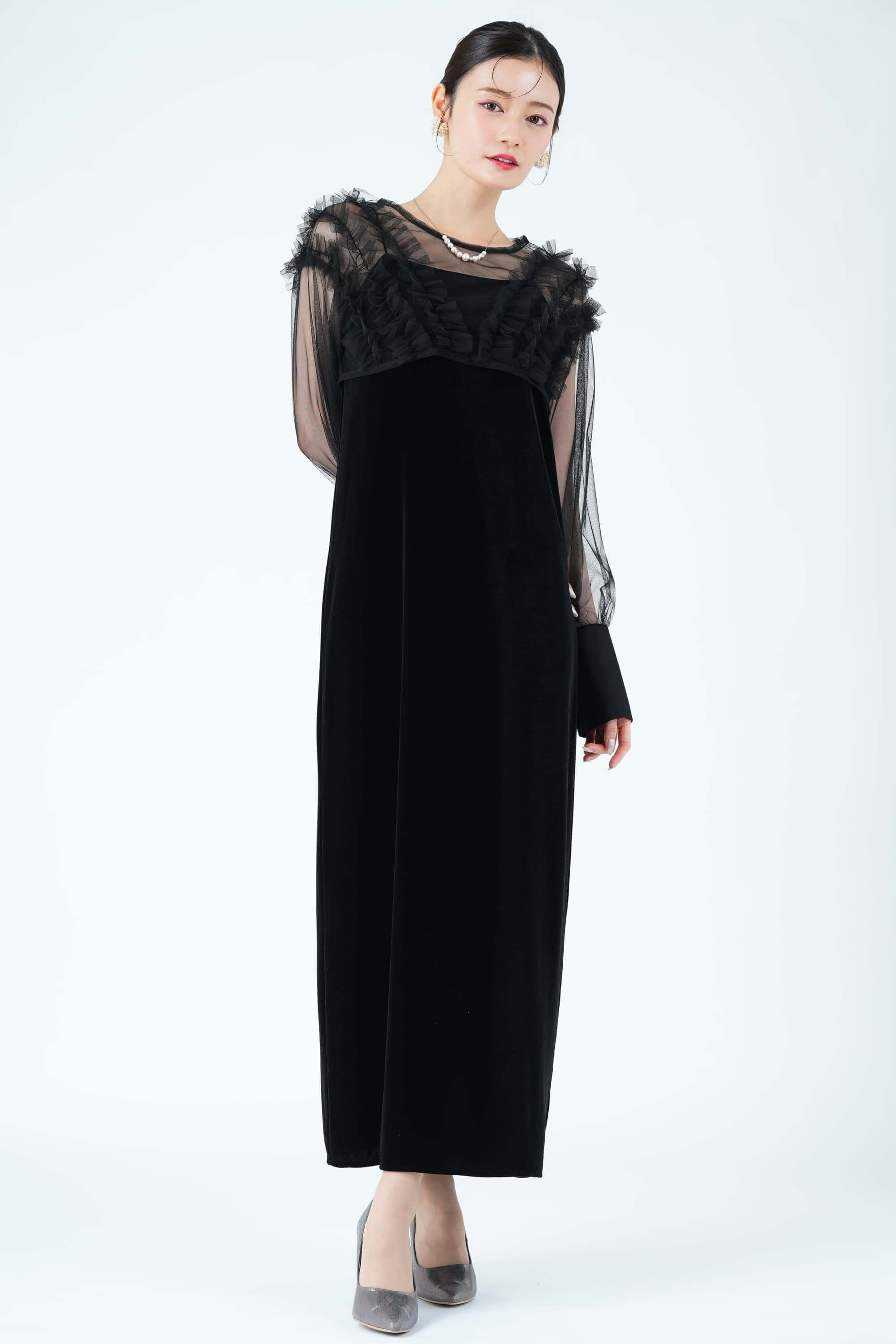 CAPRICIEUX LE’MAGE エアリーチュール×ベロアブラックドレス