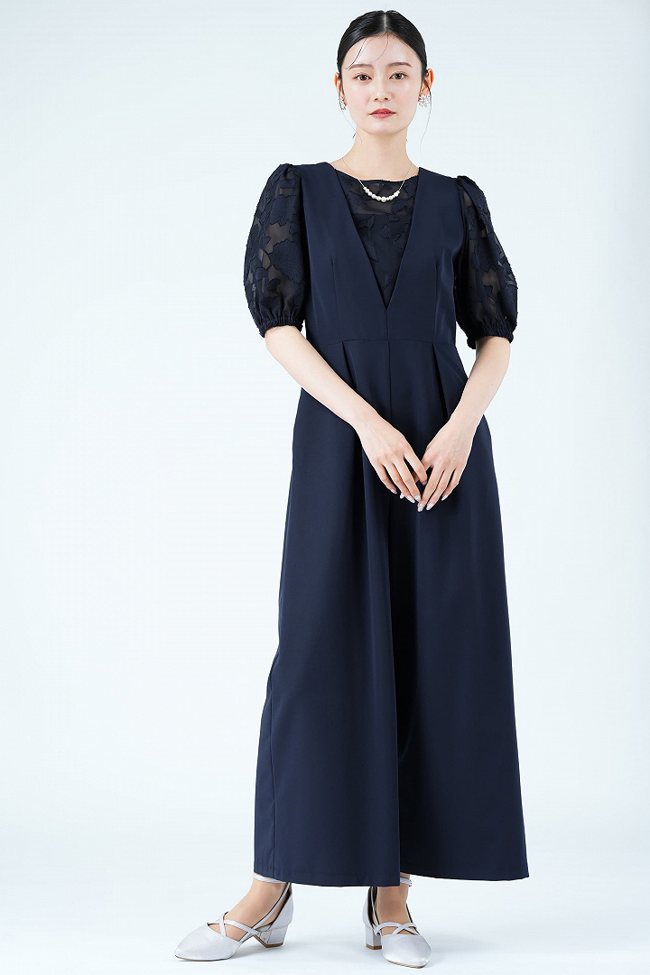 Callarus シアーオパール袖ネイビーパンツドレス