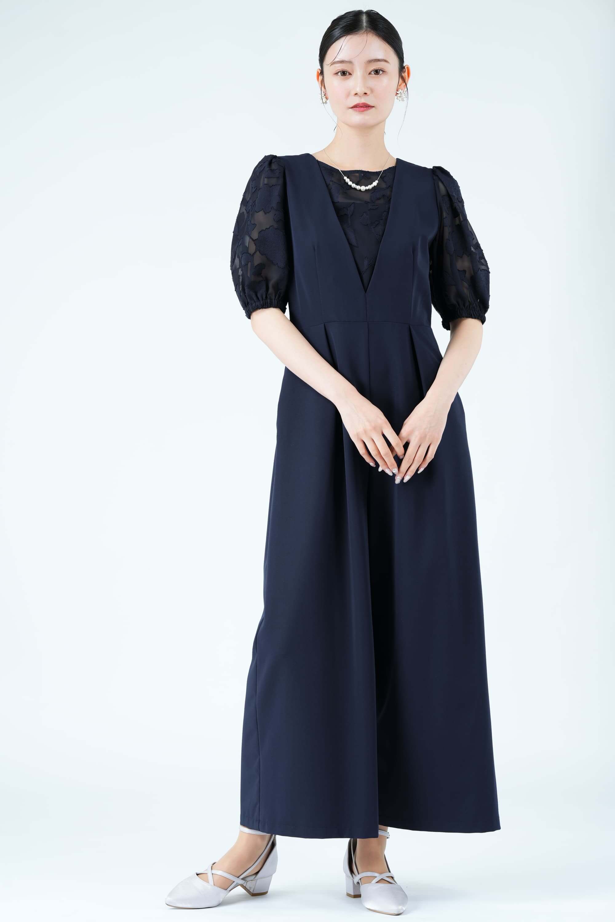 Callarus シアーオパール袖ネイビーパンツドレス