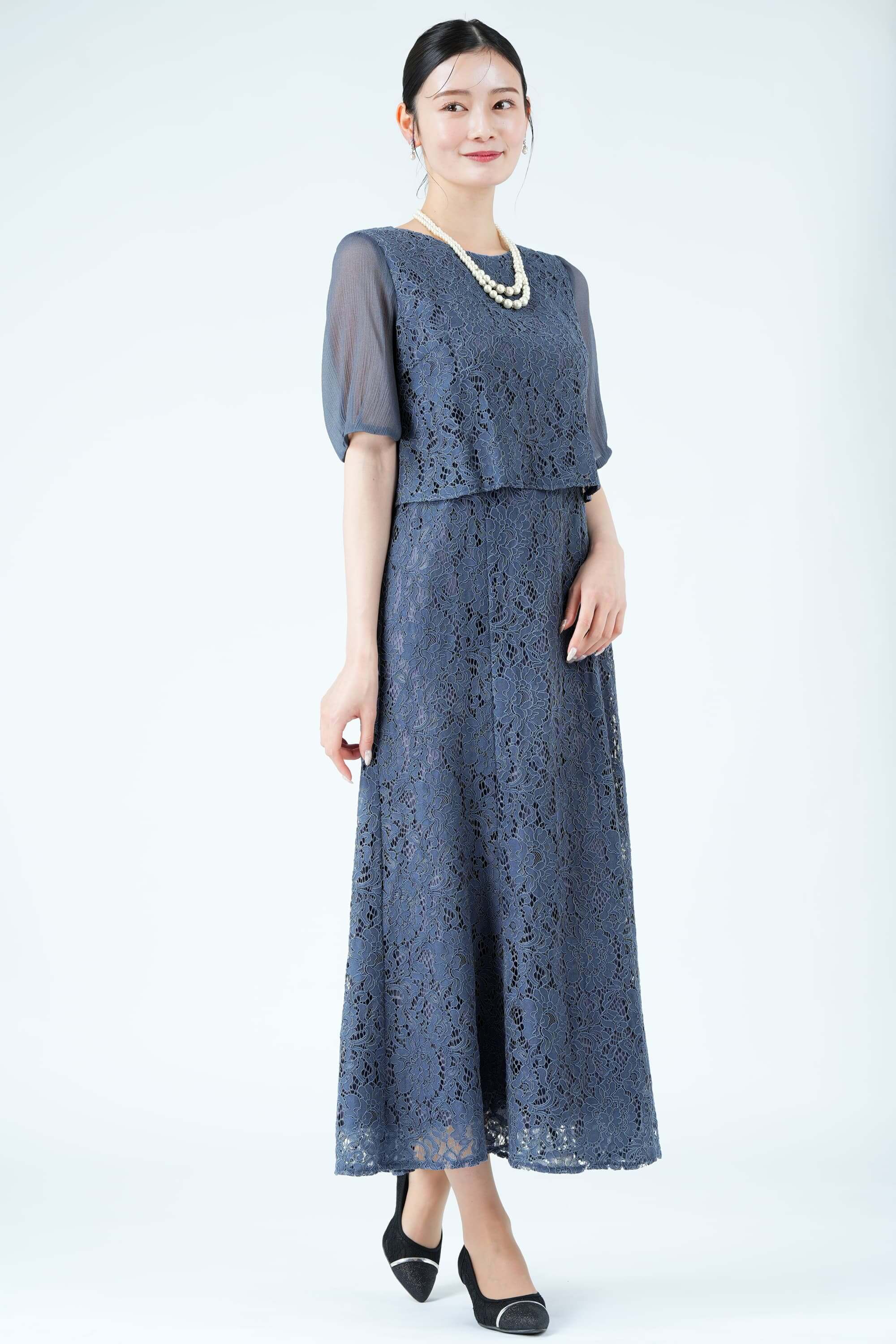 COCCOLUSSI 東京ソワール シアー袖マーメイドラインネイビードレス
