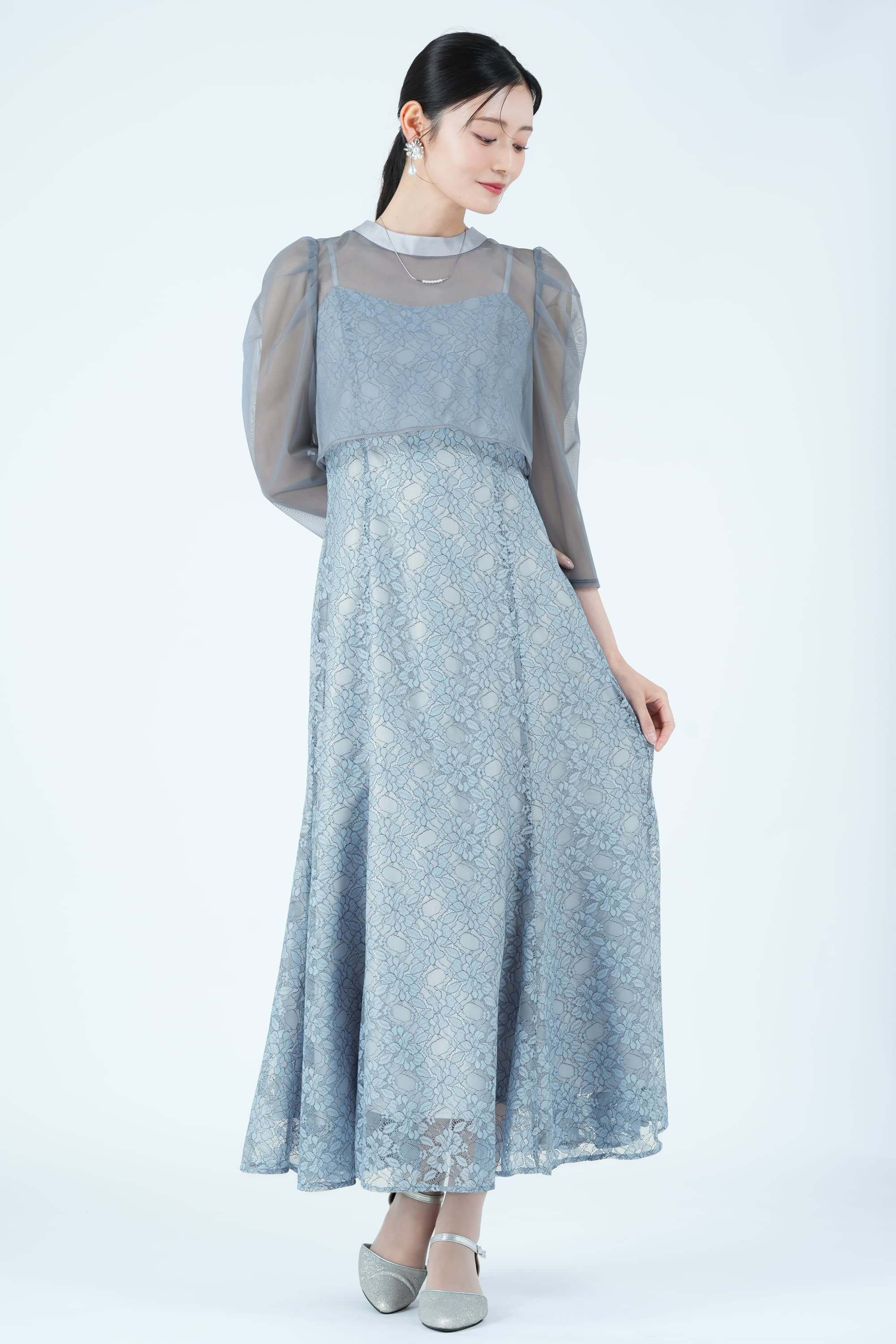 JILLSTUART レイヤード花モチーフレースブルードレス