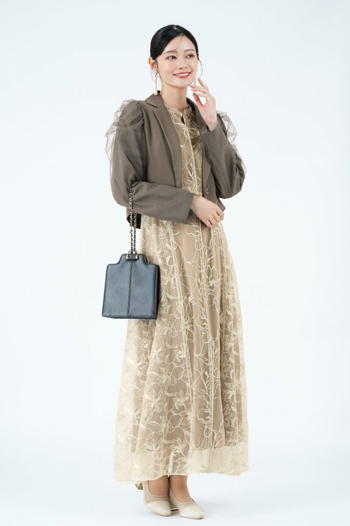 Ameri VINTAGE グリッターレース×フリルスリーブベージュドレス