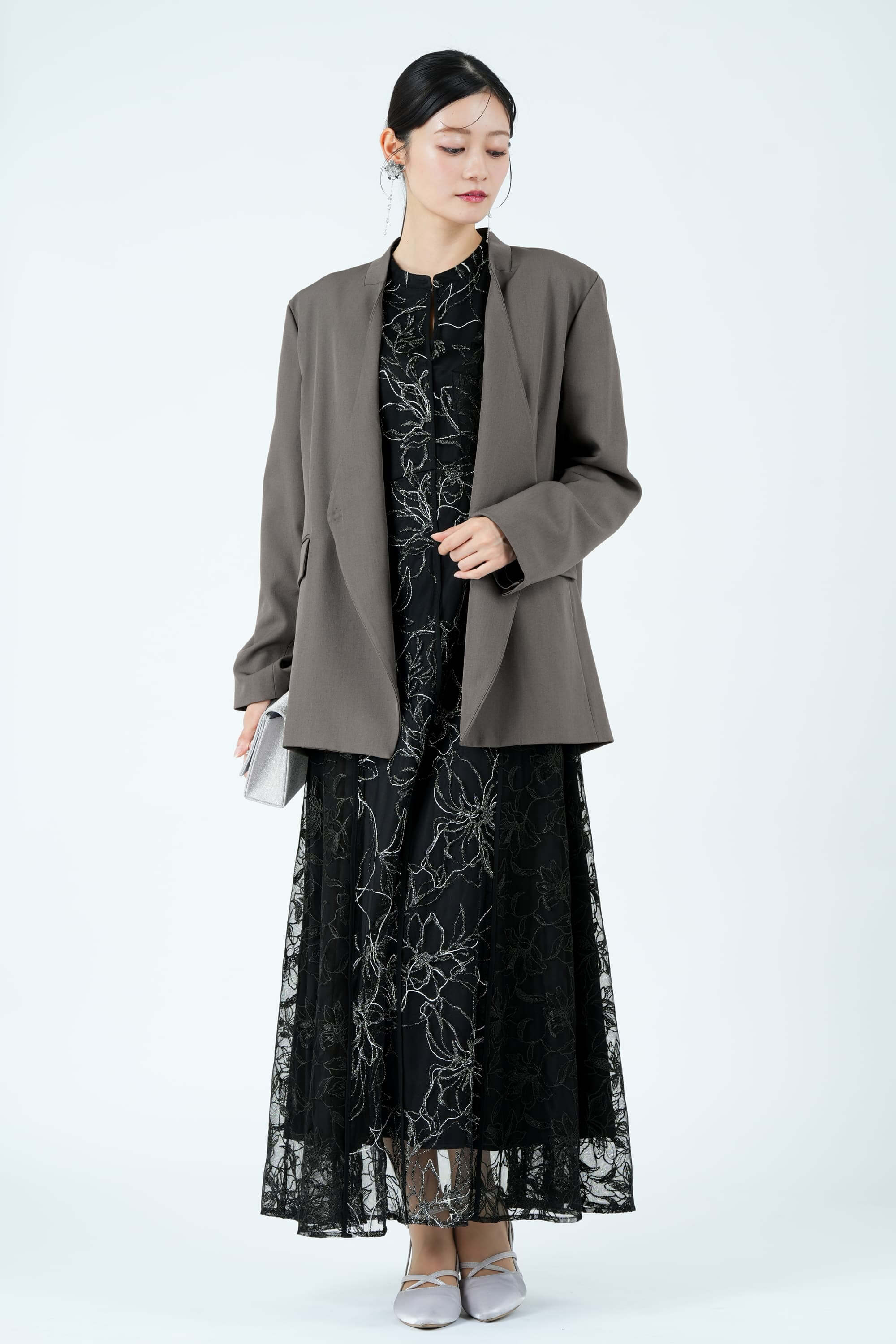 Ameri VINTAGE グリッターレース×フリルスリーブブラックドレス